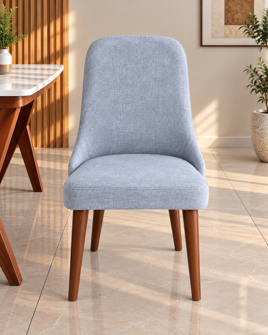 Light Blue Upholstered Dining Chair with Wooden Legs – Modern Cushioned Chair
