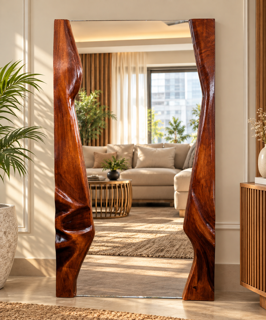 Sculptural Wooden Full-Length Mirror – Wavy Frame Floor Mirror