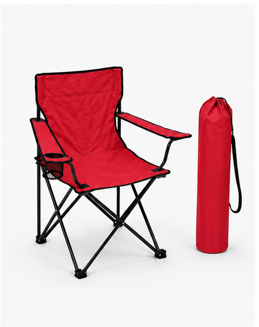 Red folding camp chair with black metal frame shown next to its matching red drawstring storage bag on a light gray background.