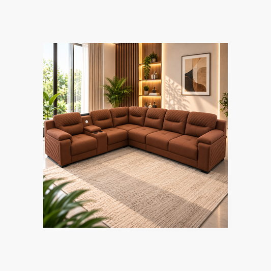 Modern 5-Seater Corner Sofa with Cup Holder & USB Port – Brown