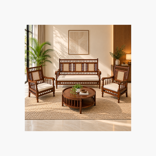 3+1+1 Seater Wooden Sofa Set – Classic Cane Design
