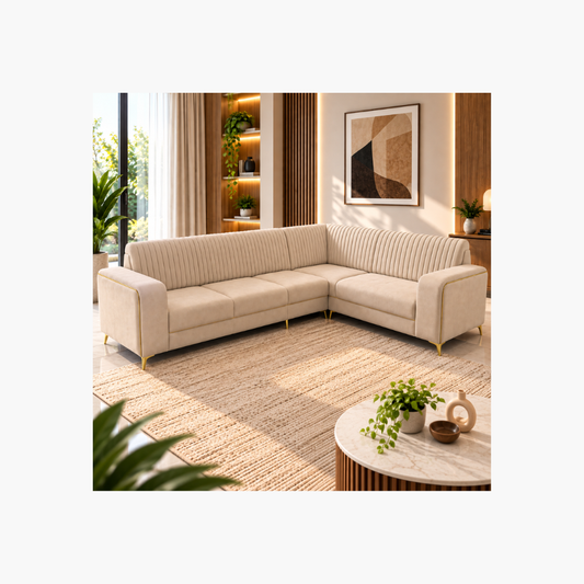 5-Seater Corner Sofa – Beige with Gold Accents