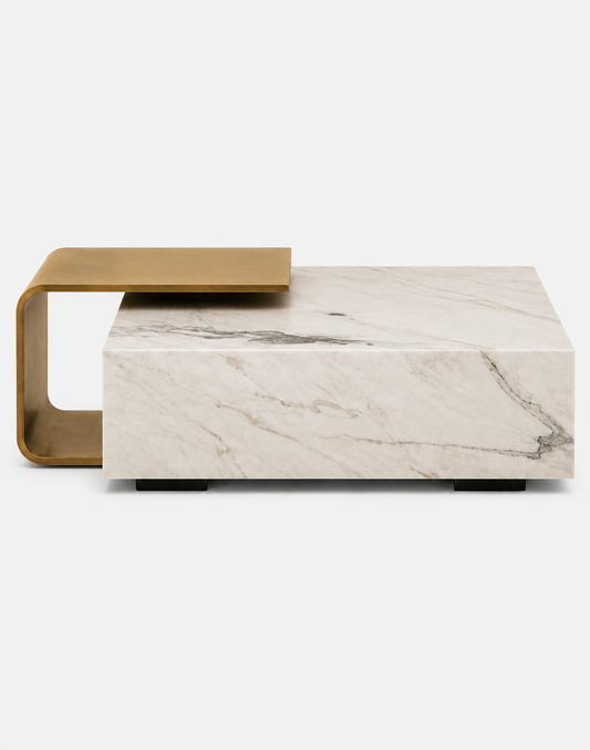 Luxe Marble Coffee Table with Brushed Gold Side Shelf