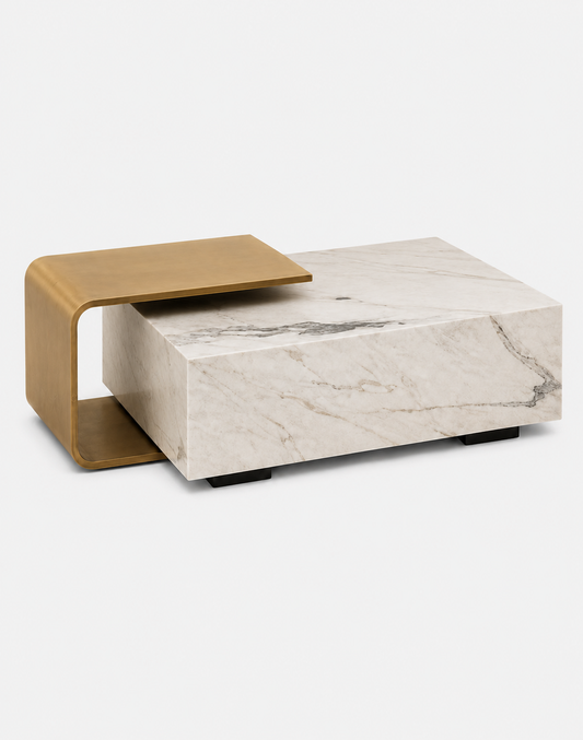 Luxe Marble Coffee Table with Brushed Gold Side Shelf