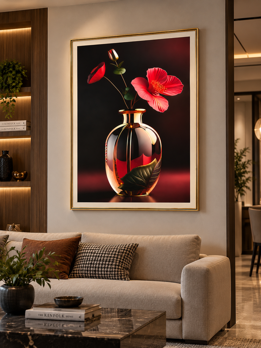 Red Floral Vase Wall Art – Gold Framed