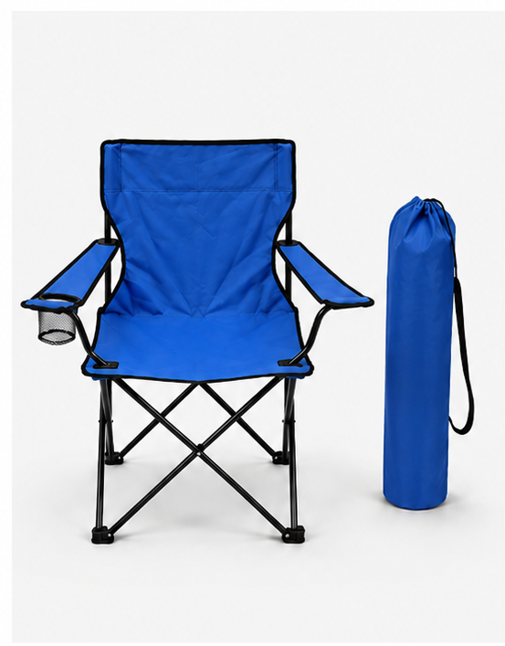 A royal blue folding camp chair with a black metal frame and armrest cup holder, shown next to its matching blue drawstring storage bag on a light gray background.