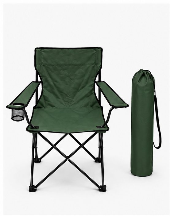 A dark green folding camp chair with a black metal frame and a side cup holder, shown next to its matching dark green cylindrical carrying bag on a light gray background.