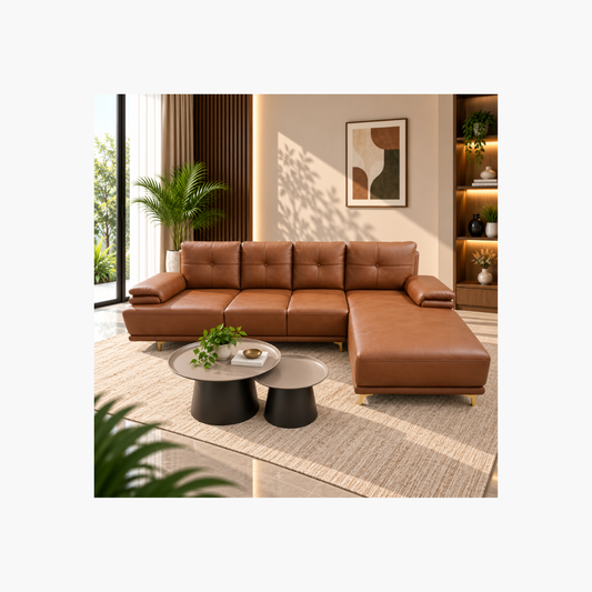 Modern 3-Seater Sofa with Lounger – Tan Brown